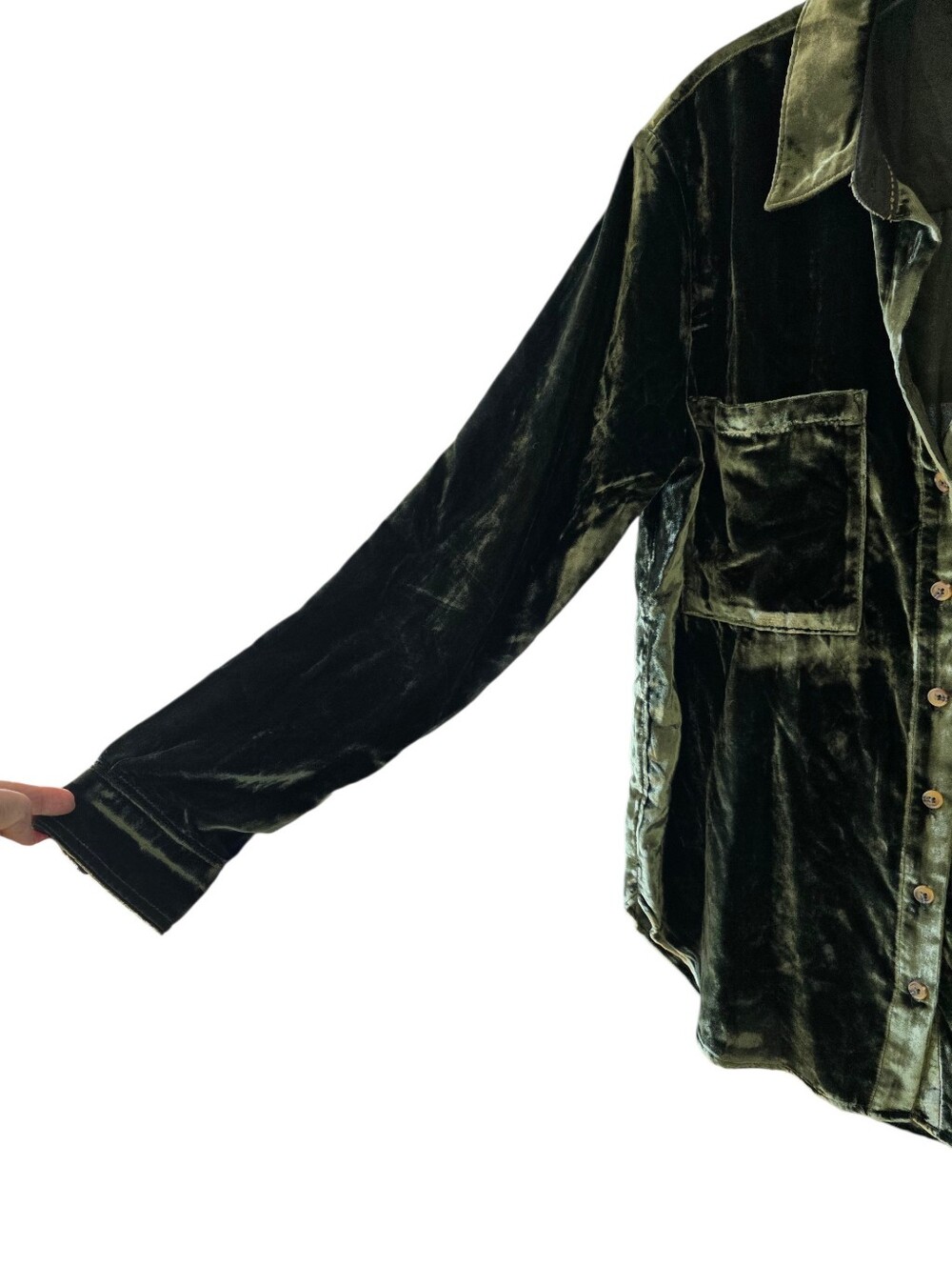 Pilcro Hadley Velvet Relaxed Button-Down Shirt in Olive Size Small - Picture 4 of 11